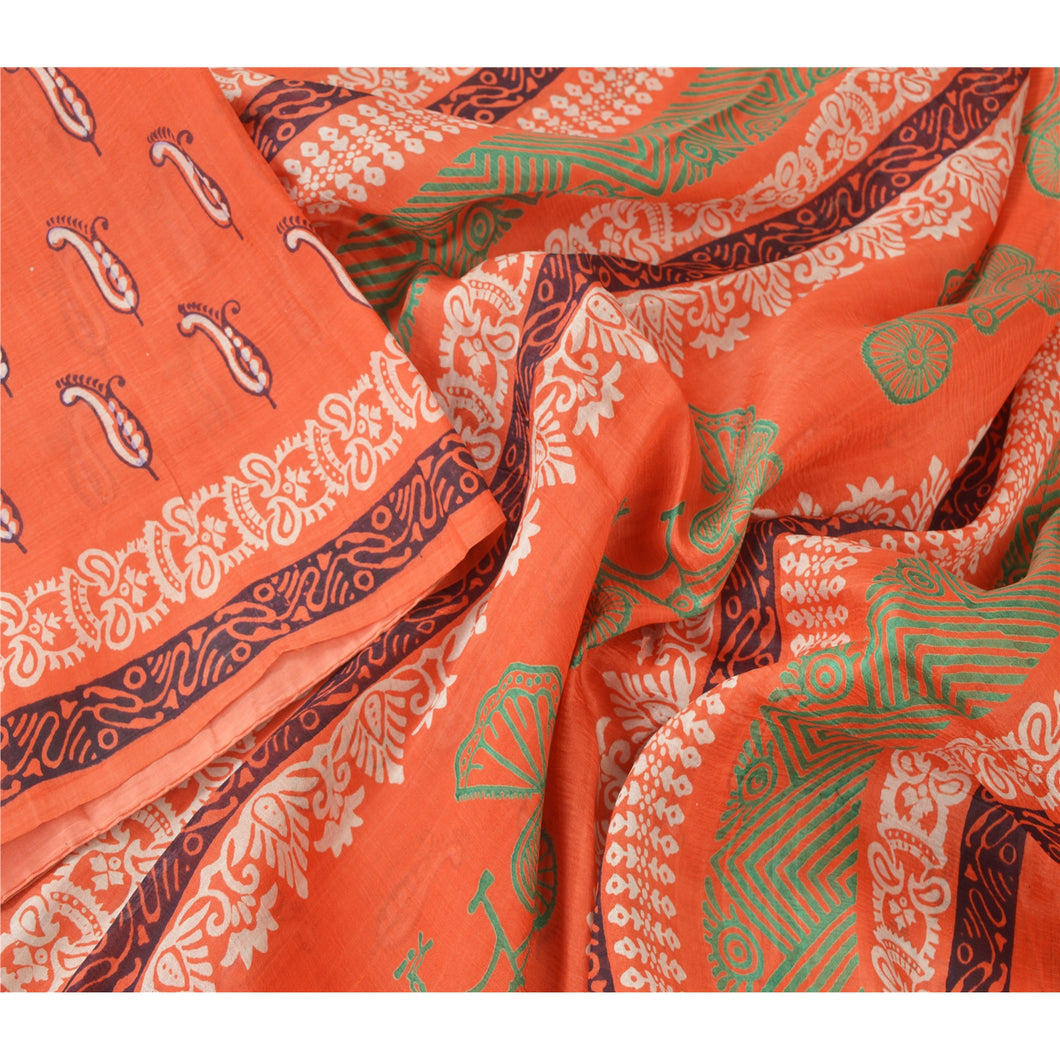 Sanskriti Vintage Orange Sarees 100% Pure Silk Printed Fabric Craft Decor Sari