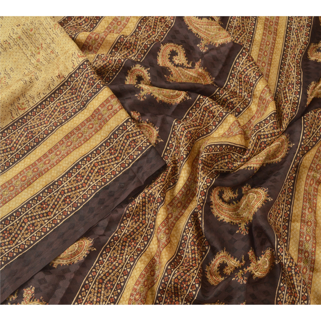 Sanskriti Vintage Cream Sarees 100% Pure Silk Printed Fabric Craft Decor Sari