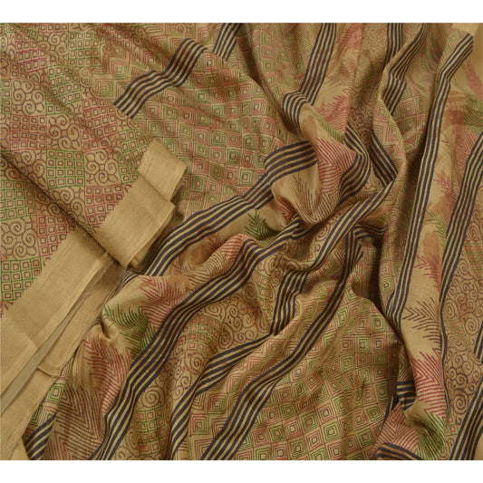 Санскрити Винтаж бежевый индийское сари 100% чистый шелк устойчивая ткань ремесло принтованные сари