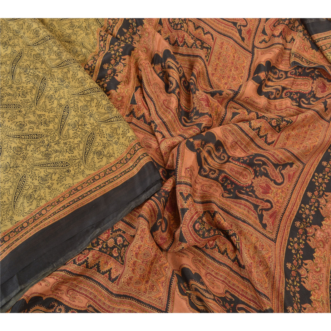 Sanskriti Vintage Cream Sarees 100% Pure Silk Printed Sari Soft 5YD Craft Fabric