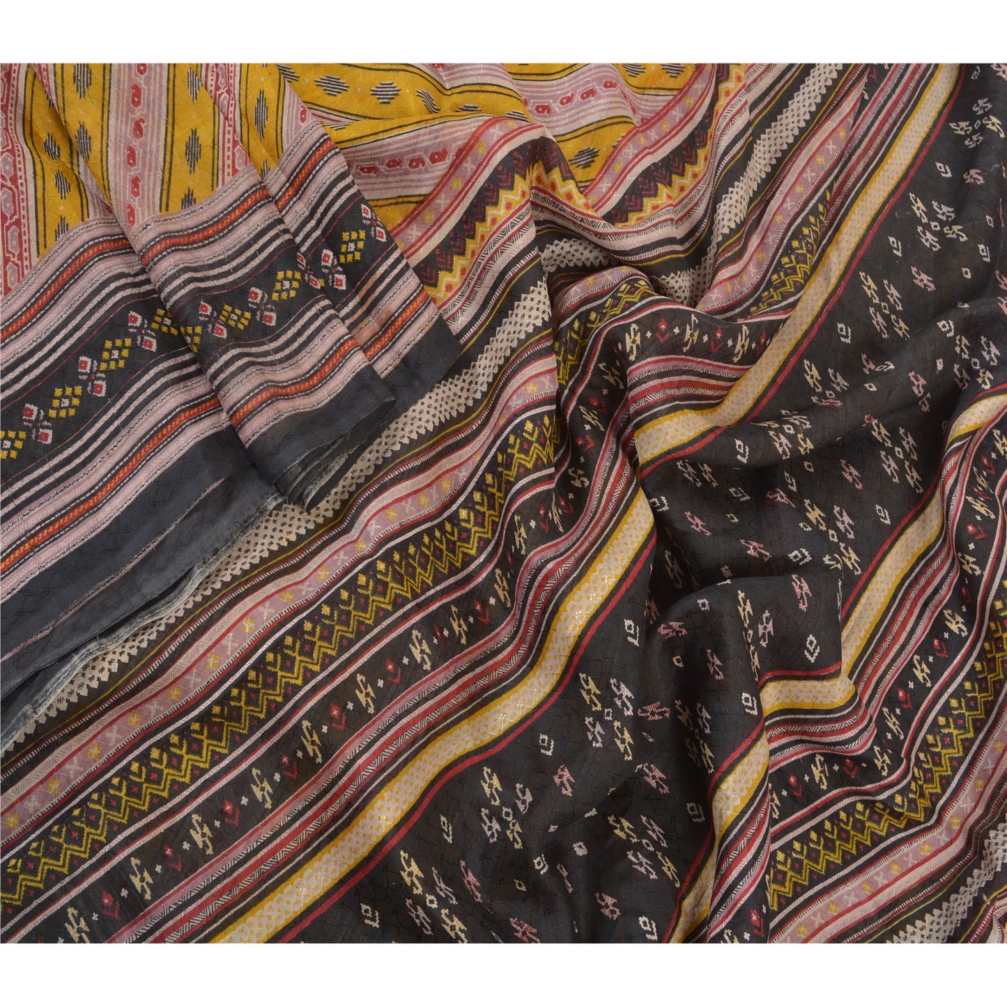 Sanskriti Vintage Mustard Sarees Pure Silk Printed Woven Sari Soft Craft Sustainable Fabric