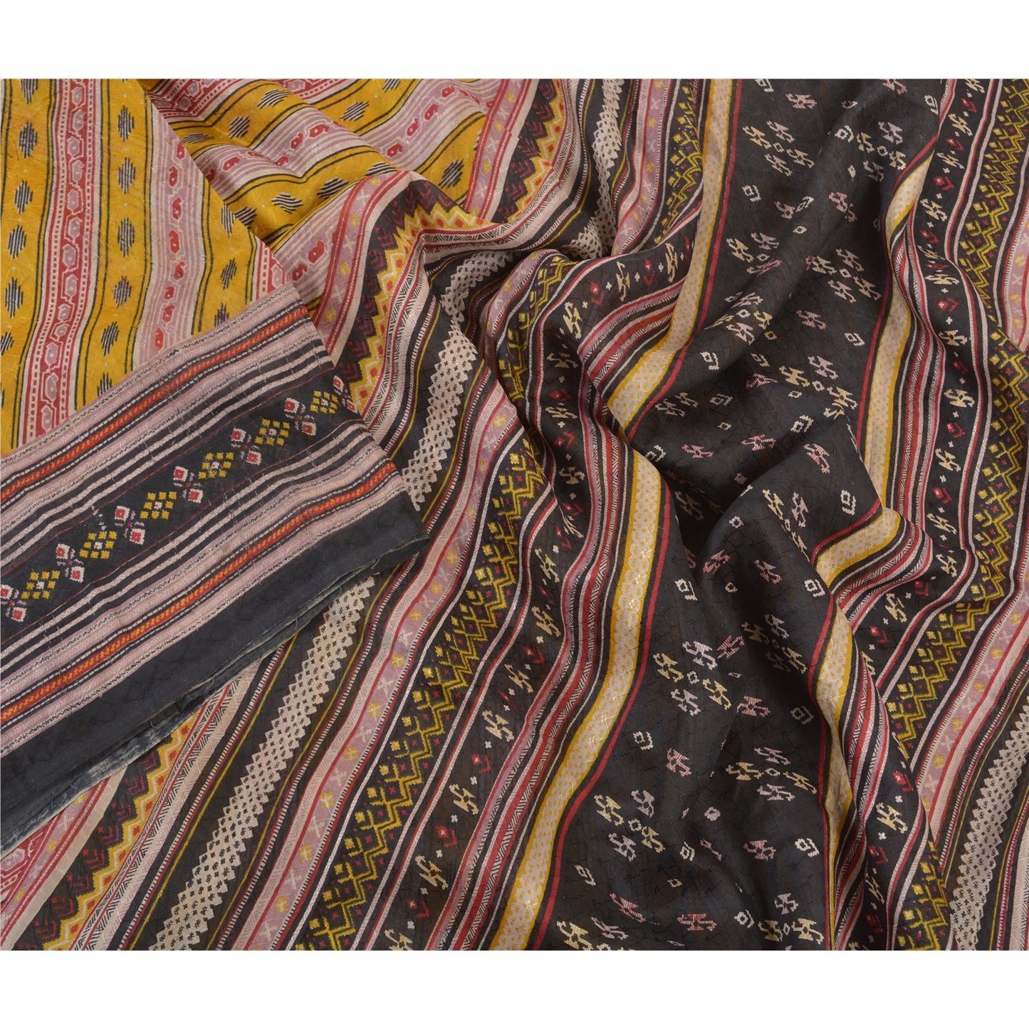 Sanskriti Vintage Mustard Sarees Pure Silk Printed Woven Sari Soft Craft Sustainable Fabric
