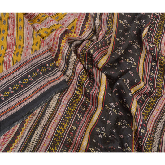 Sanskriti Vintage Mustard Sarees Pure Silk Printed Woven Sari Soft Craft Sustainable Fabric
