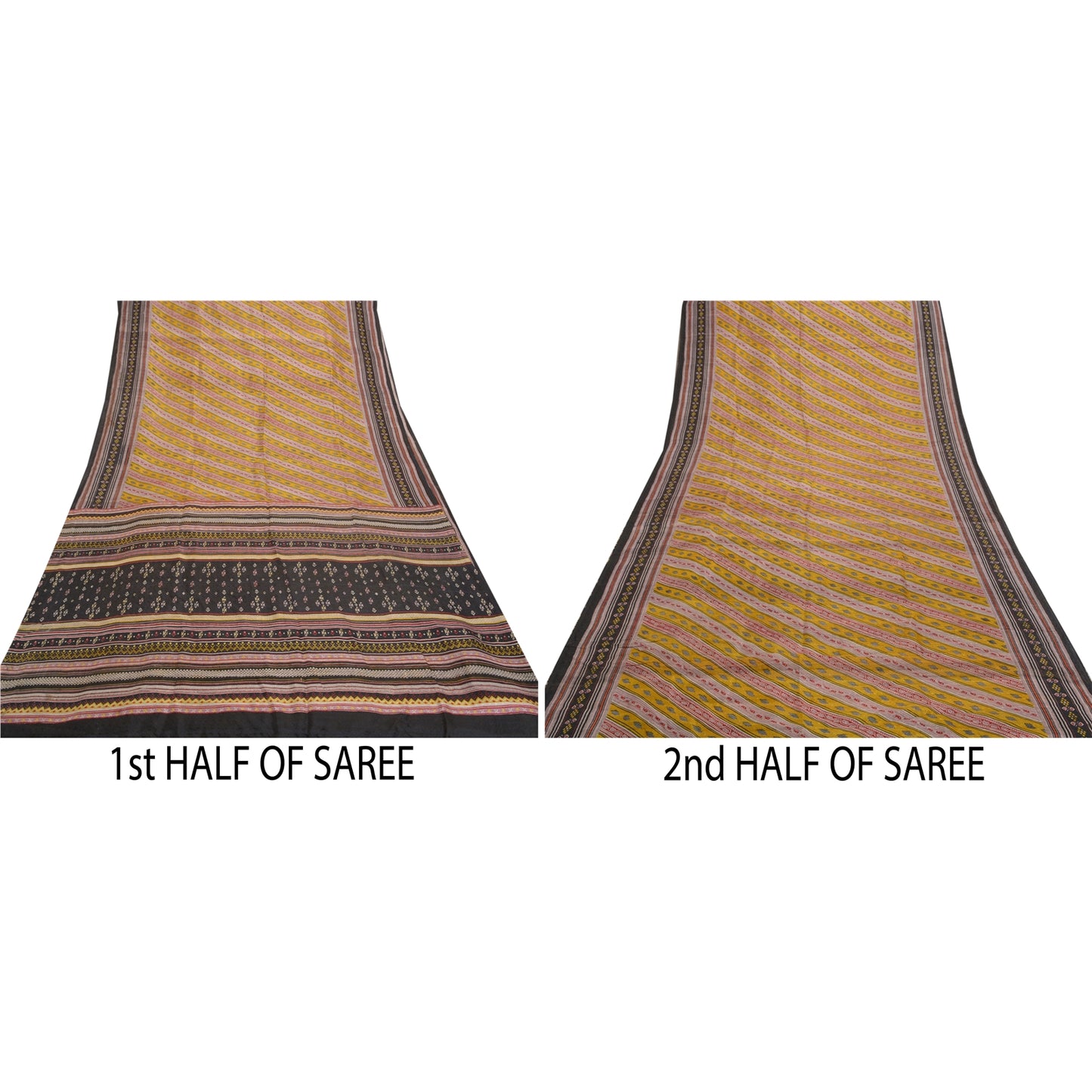 Sanskriti Vintage Mustard Sarees Pure Silk Printed Woven Sari Soft Craft Sustainable Fabric