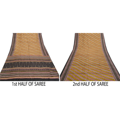 Sanskriti Vintage Mustard Sarees Pure Silk Printed Woven Sari Soft Craft Sustainable Fabric