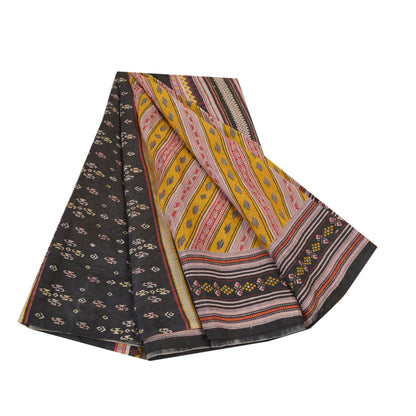Sanskriti Vintage Mustard Sarees Pure Silk Printed Woven Sari Soft Craft Sustainable Fabric