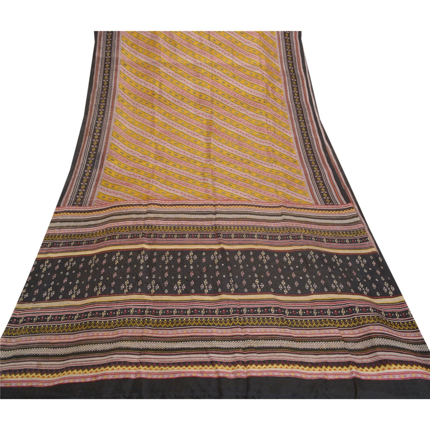 Sanskriti Vintage Mustard Sarees Pure Silk Printed Woven Sari Soft Craft Sustainable Fabric