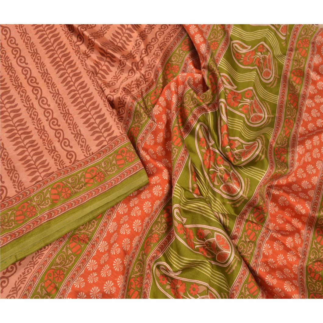 Sanskriti Vintage Peach Indian Sarees Art Silk Floral Printed Sari Craft Fabric