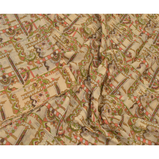 Sanskriti Vintage Cream Sarees Art Silk Printed Sari Craft Golden Border Sustainable Fabric