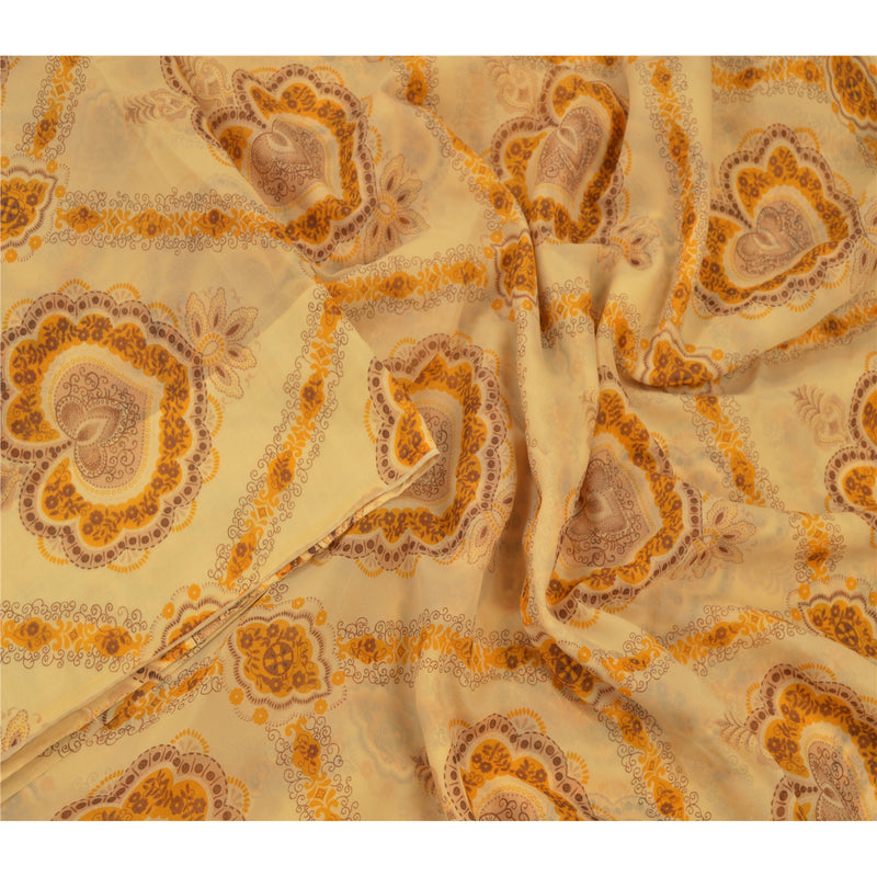 Sanskriti Vintage Cream Sarees Art Silk Floral Printed Sari Craft Sewing Sustainable Fabric