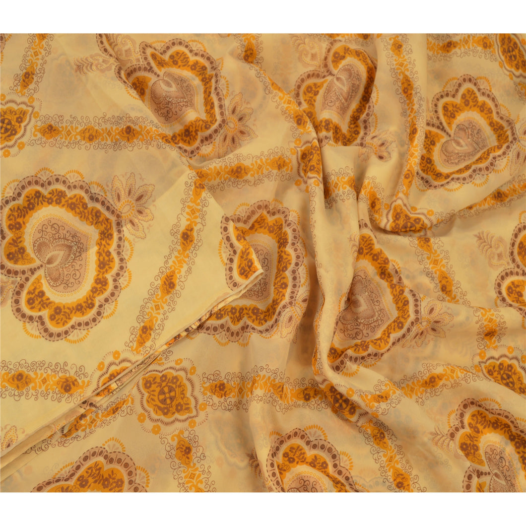 Sanskriti Vintage Cream Sarees Art Silk Floral Printed Sari Craft Sewing Fabric