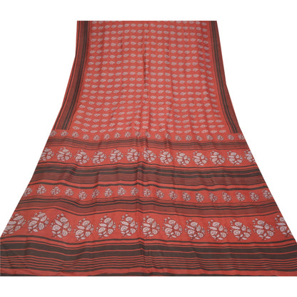 Sanskriti Vintage Dark Red Sarees Pure Silk Printed Sari Craft 5 Yard Sustainable Fabric