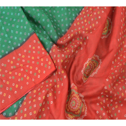 Sanskriti Vintage Green Sarees Pure Silk Bandhani Printed Sari Soft Craft Sustainable Fabric