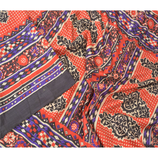 Sanskriti Vintage Red Sarees Pure Silk Floral Printed Sari Soft 5YD Craft Sustainable Fabric