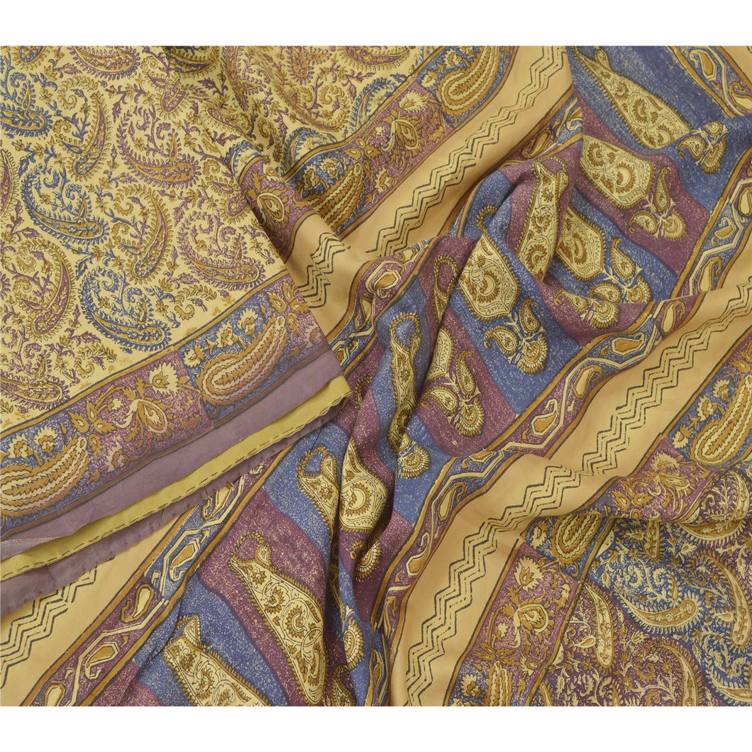 Sanskriti Vintage Indian Sarees Pure Silk Floral Printed Sari Craft 5YD Fabric