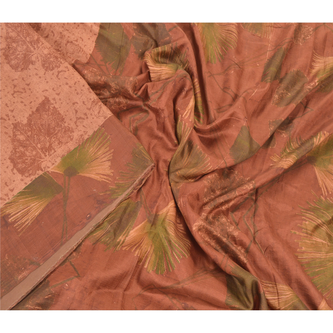 Sanskriti Vintage Brown Sarees Indian 100% Pure Silk Printed Sari Craft Fabric