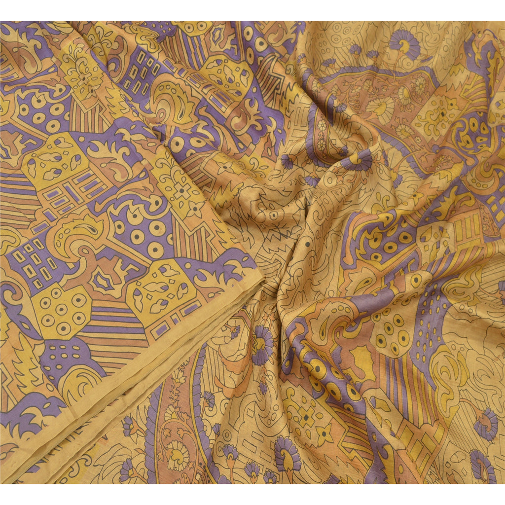 Sanskriti Vintage Sarees Brown 100% Pure Silk Printed Sari 5YD Soft Craft Sustainable Fabric