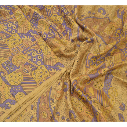 Sanskriti Vintage Sarees Brown 100% Pure Silk Printed Sari 5YD Soft Craft Sustainable Fabric