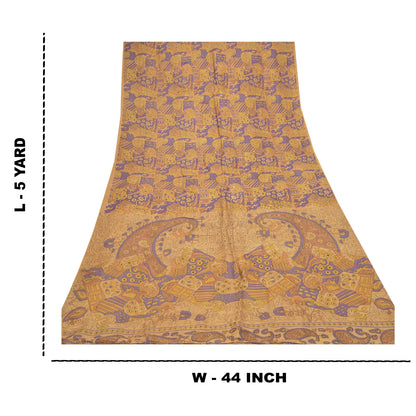 Sanskriti Vintage Sarees Brown 100% Pure Silk Printed Sari 5YD Soft Craft Sustainable Fabric