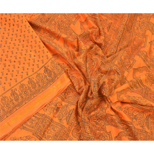 Sanskriti Vintage Orange Sarees Blend Silk Floral Printed Sari 5YD Craft Sustainable Fabric