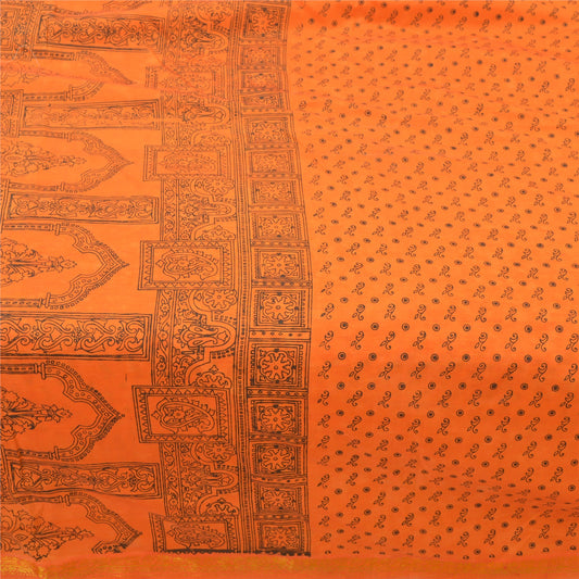 Sanskriti Vintage Orange Sarees Blend Silk Floral Printed Sari 5YD Craft Sustainable Fabric