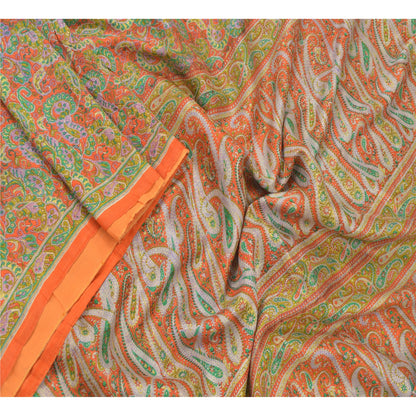 Sanskriti Vintage Orange Sarees 100% Pure Silk Printed Sari Floral Craft Sustainable Fabric