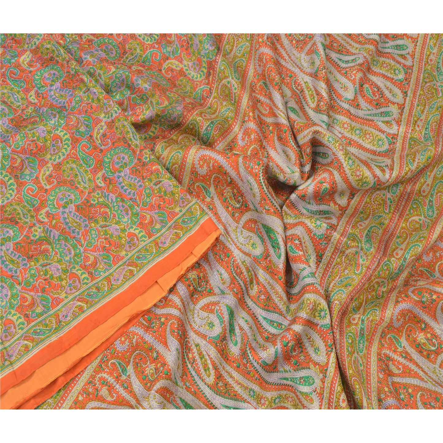 Sanskriti Vintage Orange Sarees 100% Pure Silk Printed Sari Floral Craft Sustainable Fabric