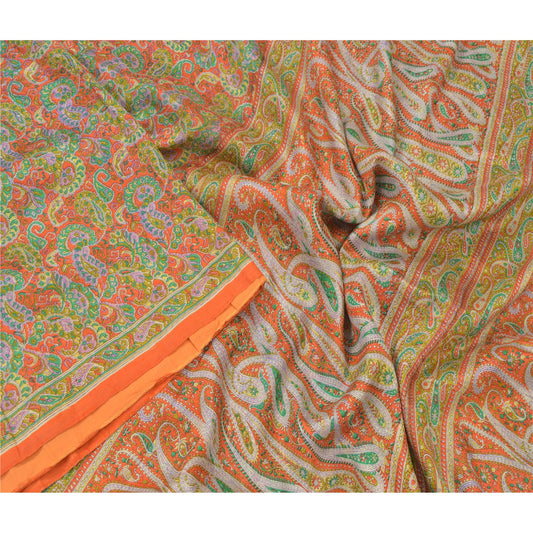 Sanskriti Vintage Orange Sarees 100% Pure Silk Printed Sari Floral Craft Sustainable Fabric
