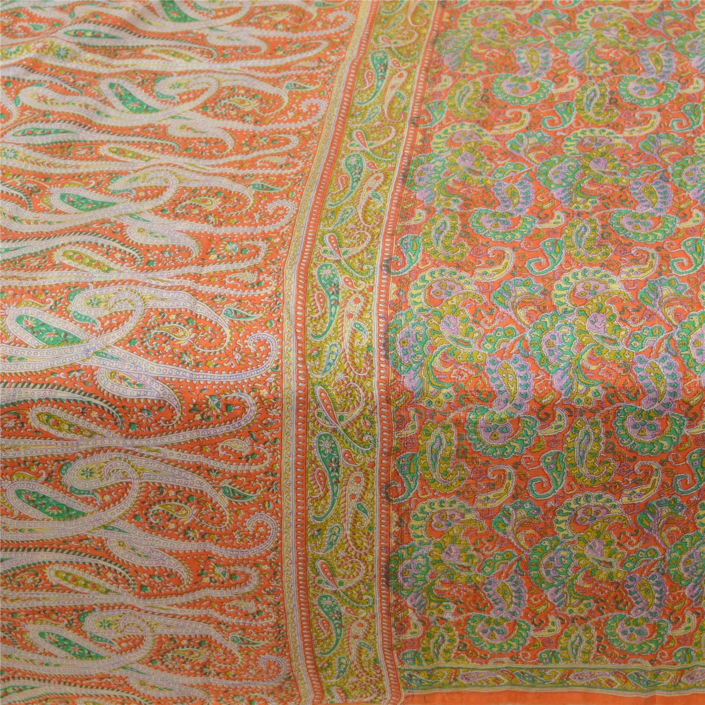 Sanskriti Vintage Orange Sarees 100% Pure Silk Printed Sari Floral Craft Sustainable Fabric