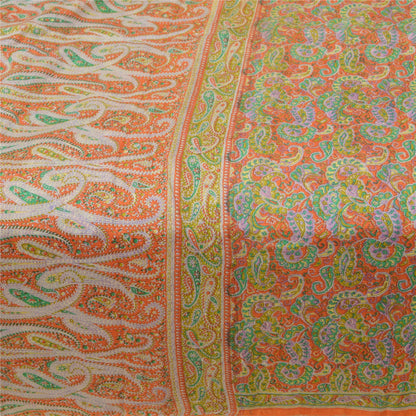Sanskriti Vintage Orange Sarees 100% Pure Silk Printed Sari Floral Craft Sustainable Fabric