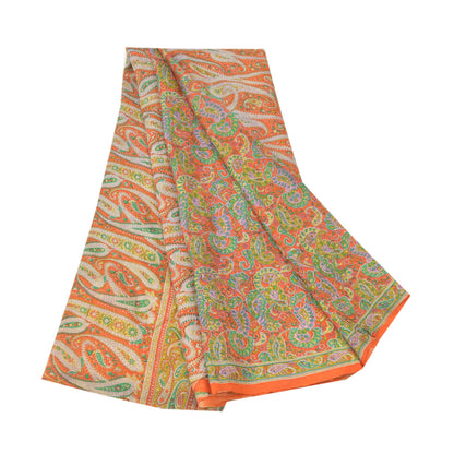 Sanskriti Vintage Orange Sarees 100% Pure Silk Printed Sari Floral Craft Sustainable Fabric