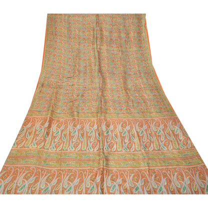 Sanskriti Vintage Orange Sarees 100% Pure Silk Printed Sari Floral Craft Sustainable Fabric