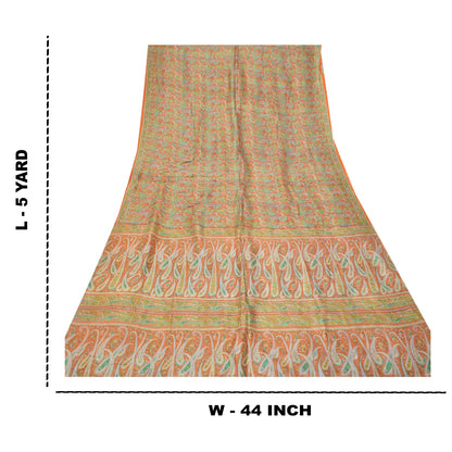 Sanskriti Vintage Orange Sarees 100% Pure Silk Printed Sari Floral Craft Sustainable Fabric