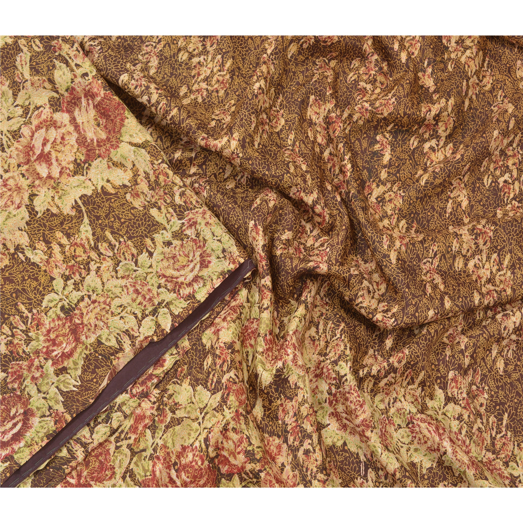 Sanskriti Vintage Brown Sarees 100% Pure Silk Printed Sari 5YD Soft Craft Fabric