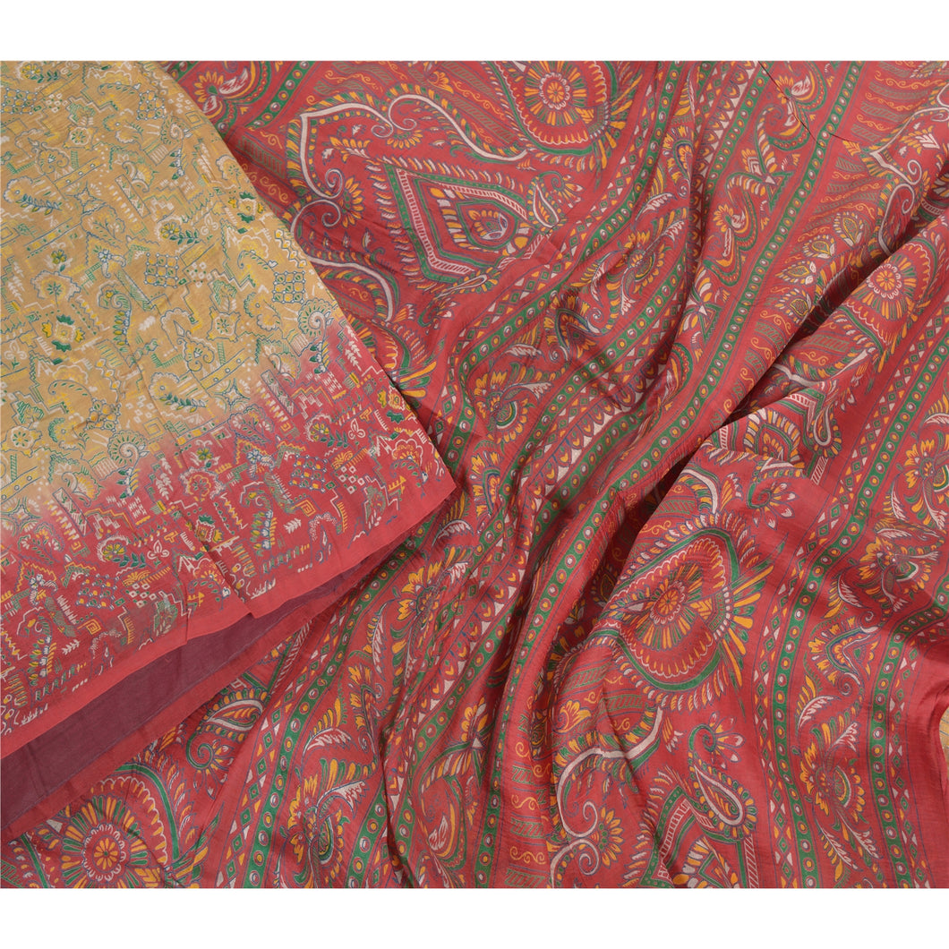 Sanskriti Vintage Sarees Brown Pure Silk Printed Sari Floral Soft Craft Fabric
