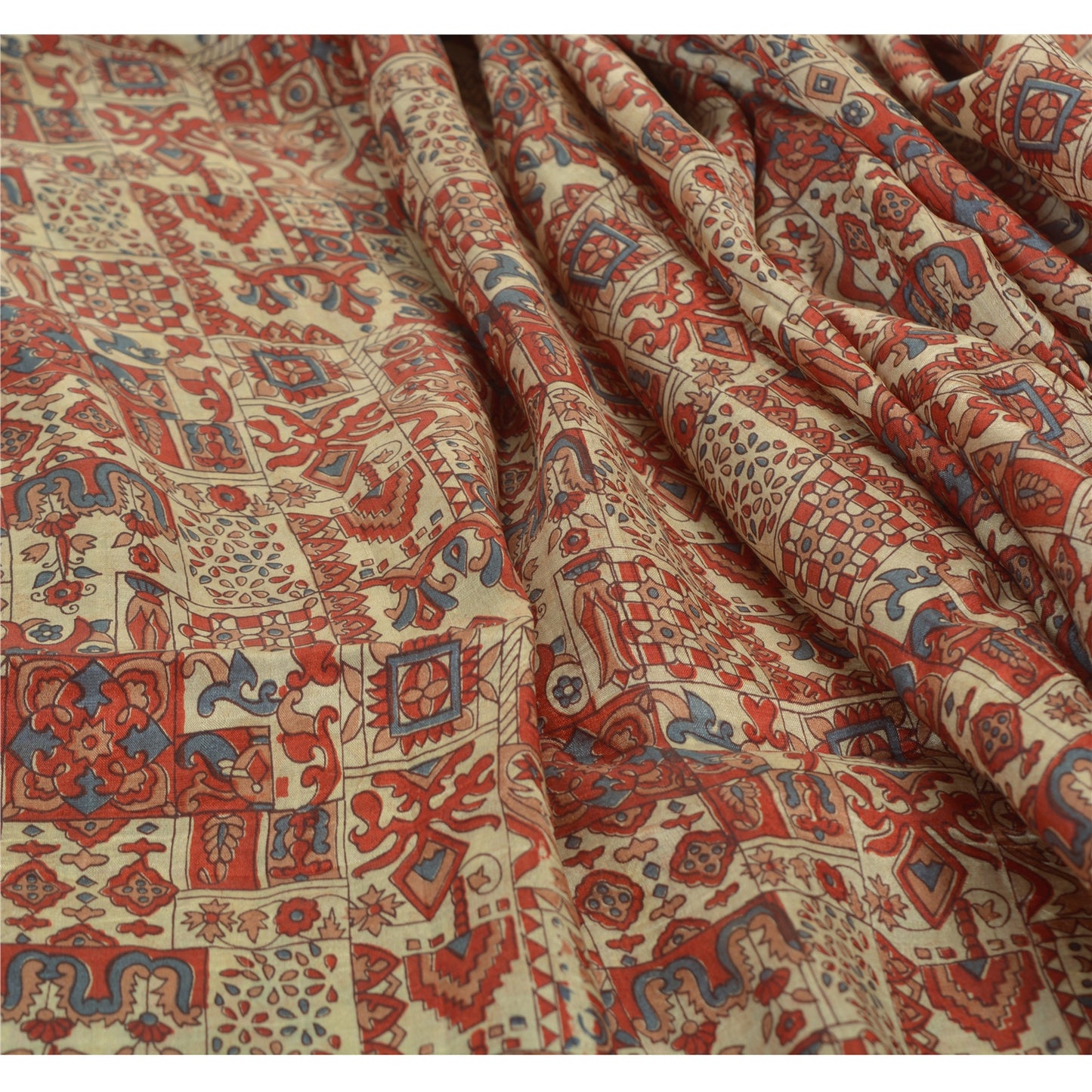 Sanskriti Vintage Sarees Red Indian Pure Silk Printed Sari Floral Craft Sustainable Fabric
