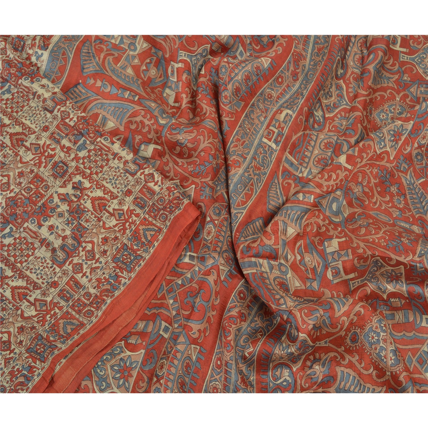 Sanskriti Vintage Sarees Red Indian Pure Silk Printed Sari Floral Craft Sustainable Fabric