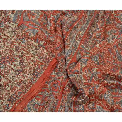 Sanskriti Vintage Sarees Red Indian Pure Silk Printed Sari Floral Craft Sustainable Fabric