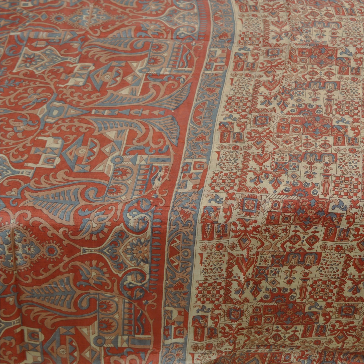 Sanskriti Vintage Sarees Red Indian Pure Silk Printed Sari Floral Craft Sustainable Fabric