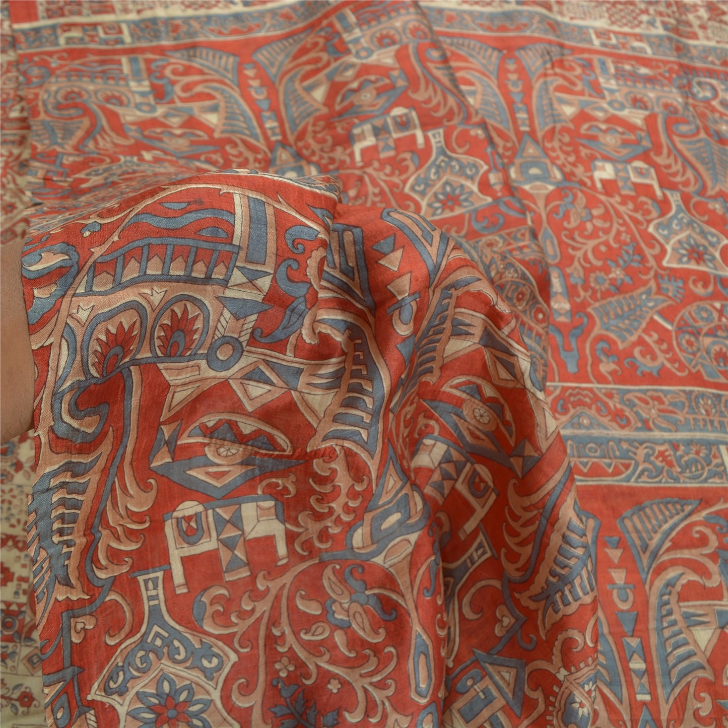 Sanskriti Vintage Sarees Red Indian Pure Silk Printed Sari Floral Craft Sustainable Fabric