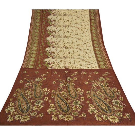 Sanskriti Vintage Brown Indian Sarees Cotton Silk Printed Sari 5yd Craft Sustainable Fabric