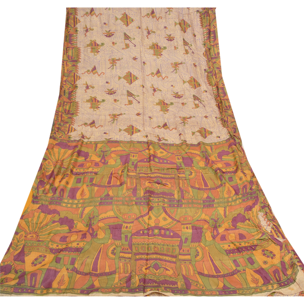 Sanskriti Vintage Cream Sarees 100% Pure Silk Printed Sari Craft 5 Yard Fabric