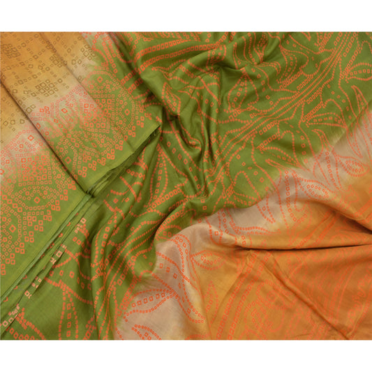 Sanskriti Vintage Green Sarees Pure Silk Bandhani Print Indian Sari Craft Sustainable Stoff