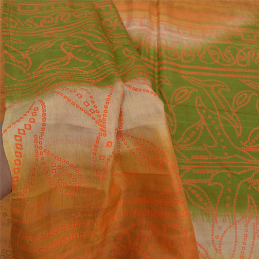 Sanskriti Vintage Green Sarees Pure Silk Bandhani Print Indian Sari Craft Sustainable Fabric