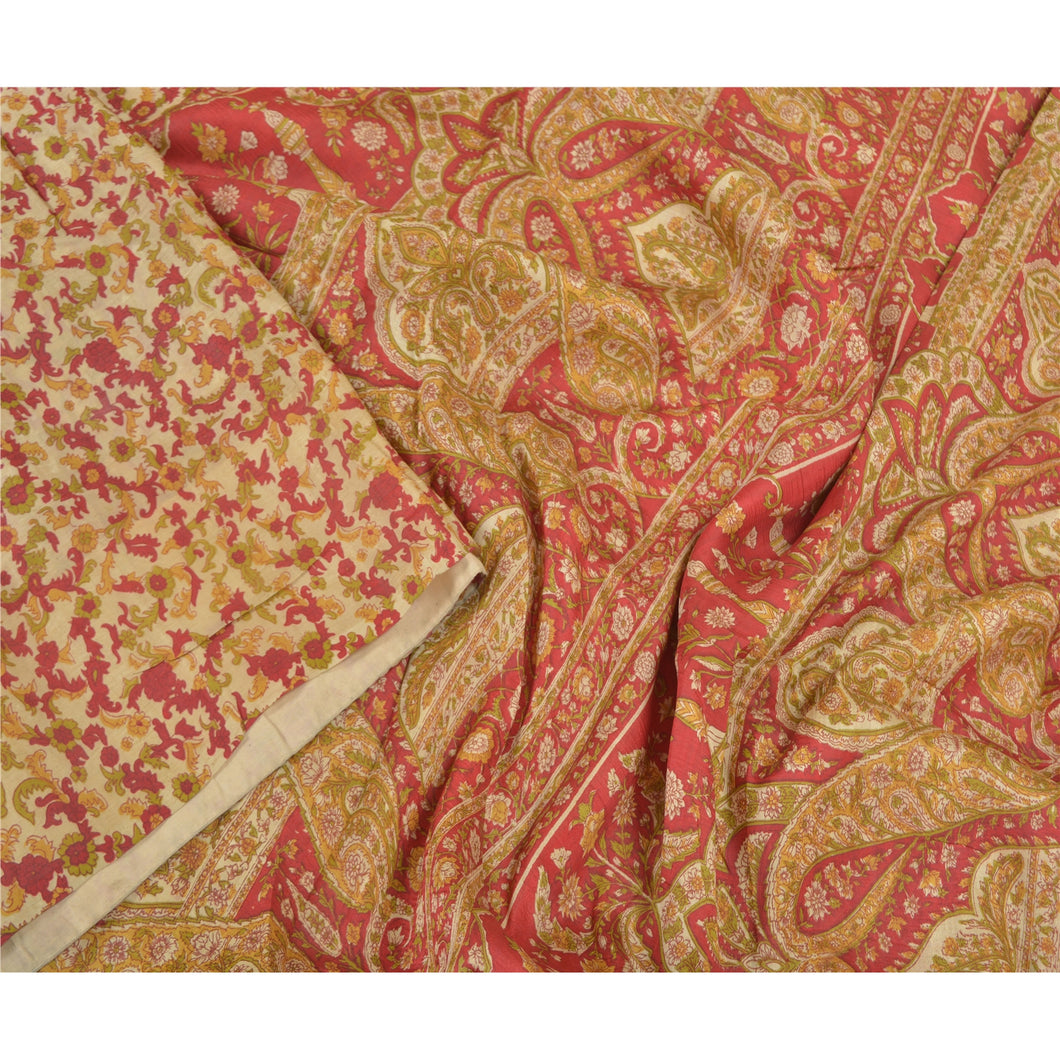 Sanskriti Vintage Red Sarees 100% Pure Silk Floral Printed Sari 5yd Craft Fabric