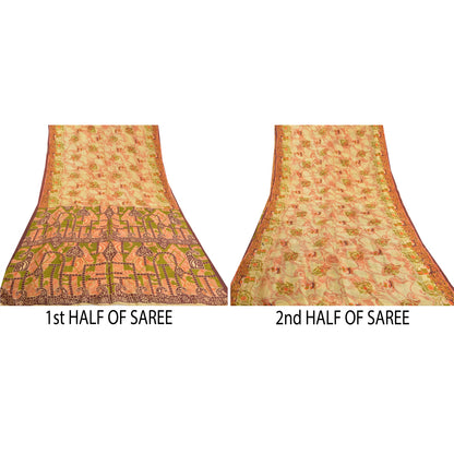 Sanskriti Vintage Indian Sarees Pure Silk Floral Printed Sari Craft 5YD Sustainable Fabric