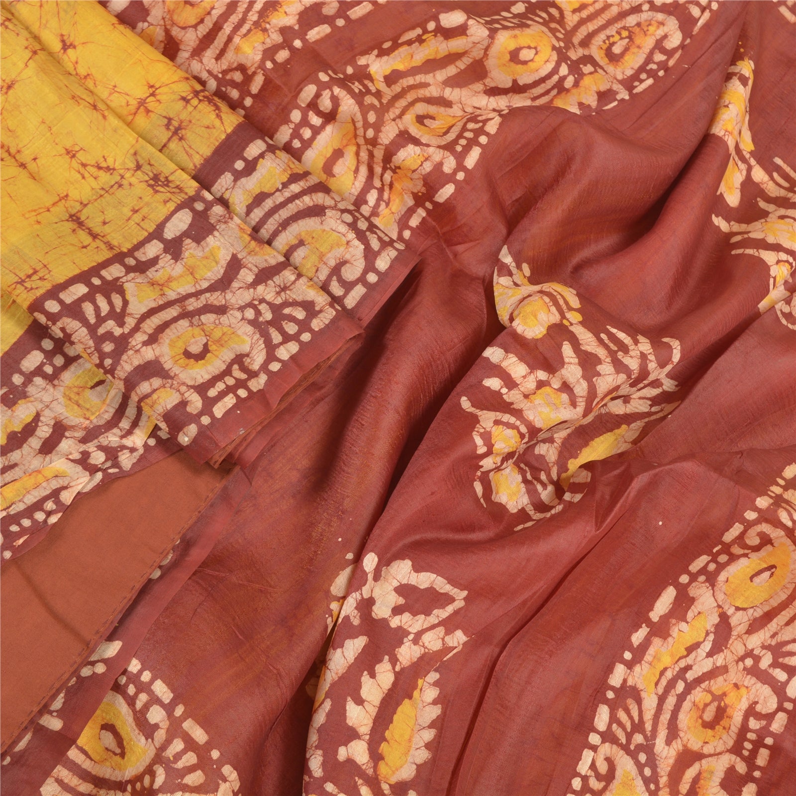 Sanskriti Vintage Yellow Sarees Pure Silk Batik Work Sari 5 yd Soft Craft Sustainable Fabric