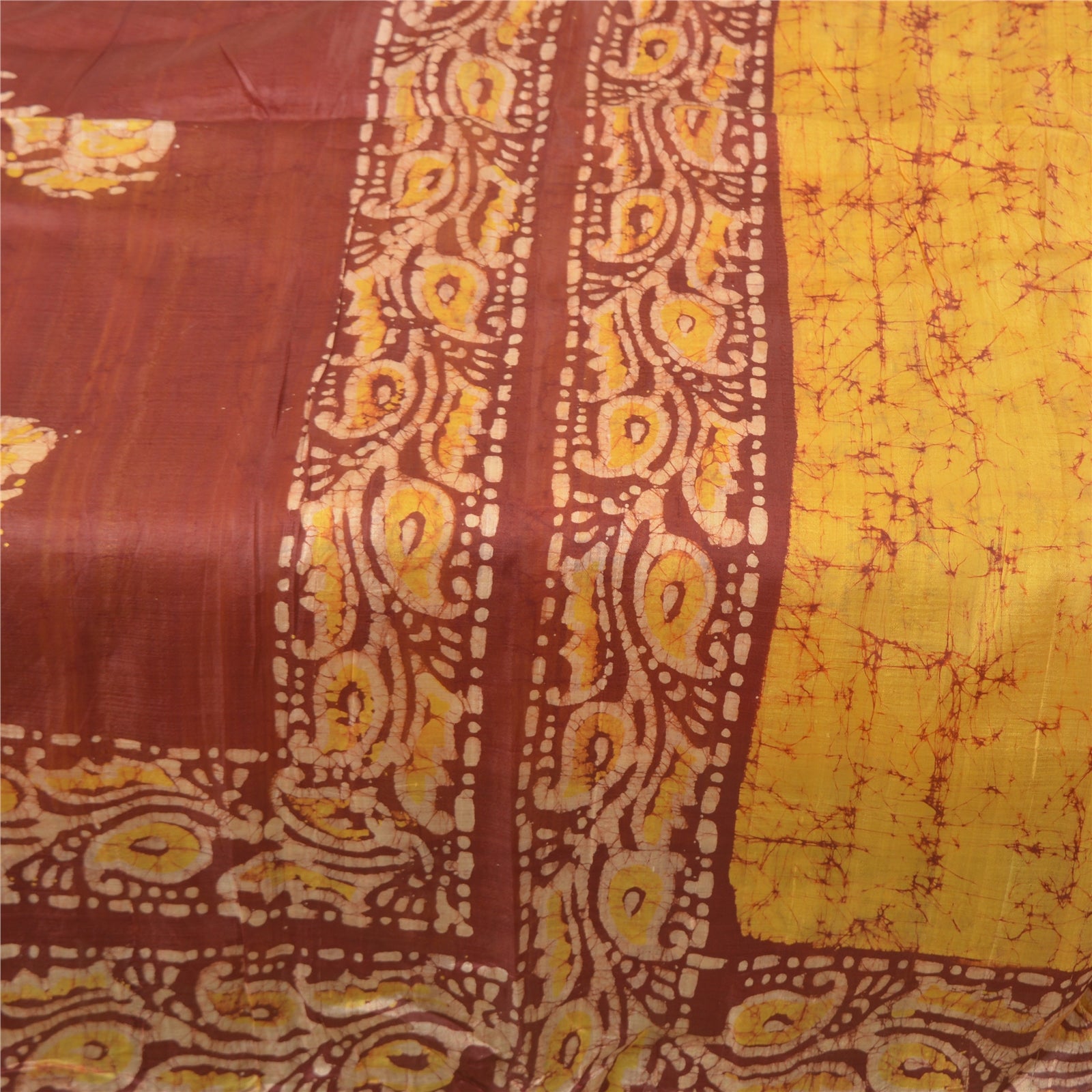 Sanskriti Vintage Yellow Sarees Pure Silk Batik Work Sari 5 yd Soft Craft Sustainable Fabric