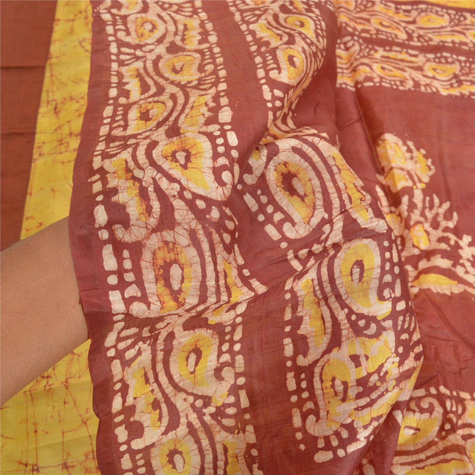 Sanskriti Vintage Yellow Sarees Pure Silk Batik Work Sari 5 yd Soft Craft Sustainable Fabric