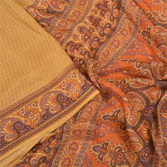 Sanskriti Vintage Brown Sarees 100% Pure Silk Printed Sari 5yd Soft Craft Sustainable Fabric